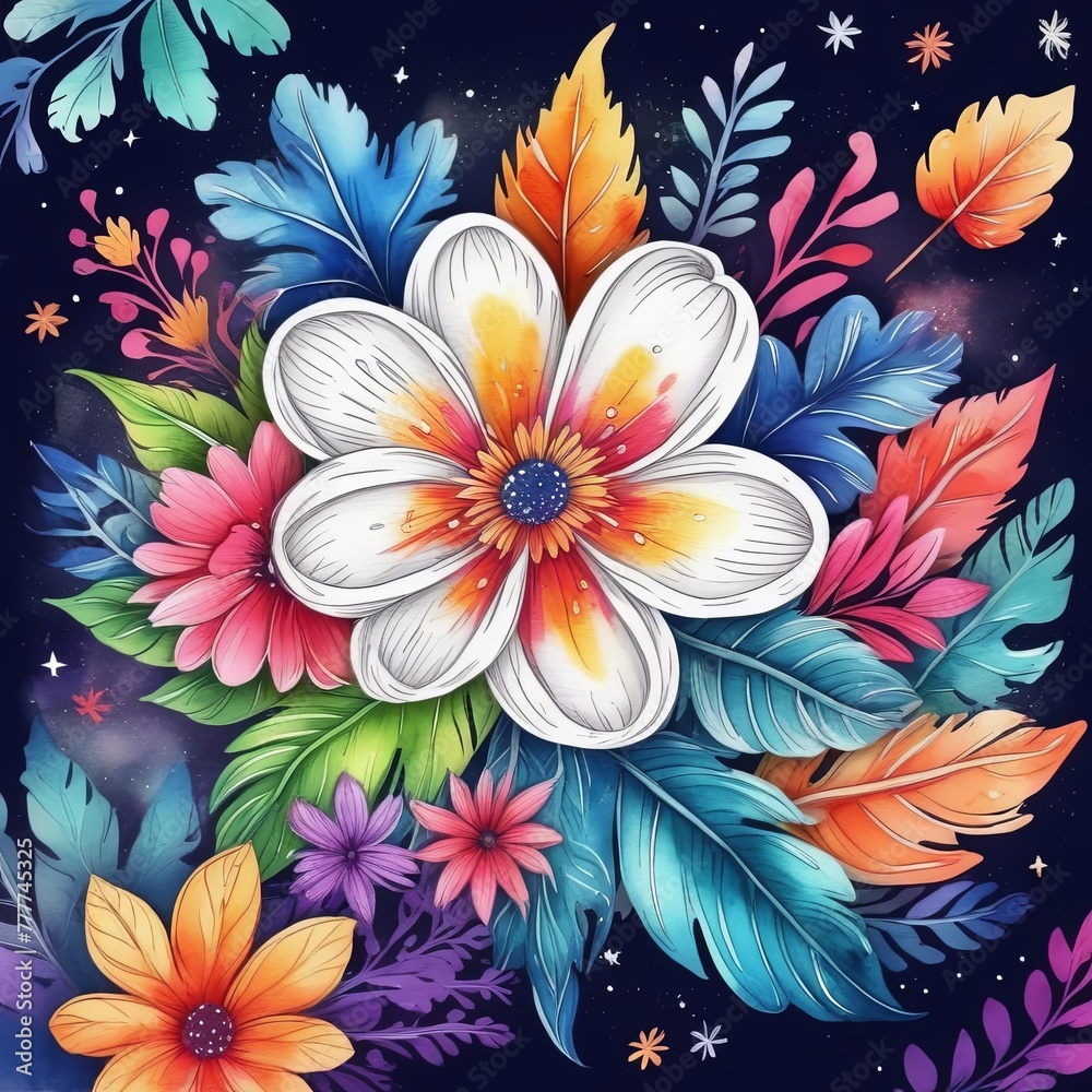 Bright colors of flowers pop out against black background, enhancing their beauty, making them focal point of image. For interior design, decoration, advertising, web design, as illustration for book. Bright colors of flowers pop out against black background, enhancing their beauty, making them focal point of image. For interior design, decoration, advertising, web design, as illustration for book.