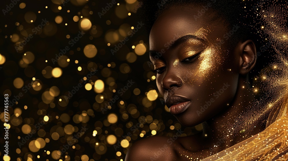 African woman in gold on black background, girl in black dress, Luxury ...