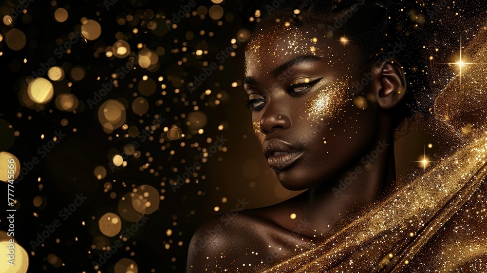 African woman in gold on black background, girl in black dress, Luxury and premium photography for advertising product design, copy space, isolated on golden background