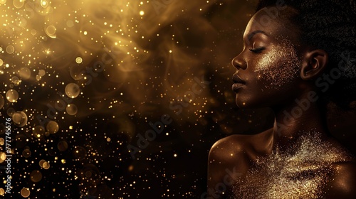 African woman in gold on black background, girl in black dress, Luxury and premium photography for advertising product design, copy space, isolated on golden background