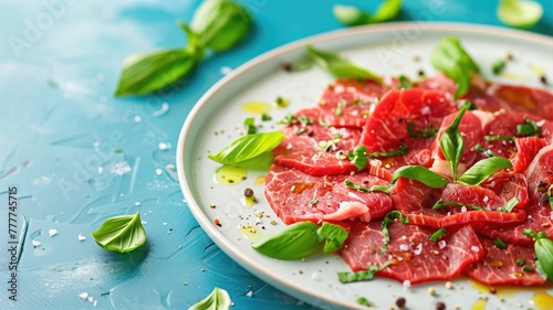 Plate of thinly sliced red meat garnished with fresh basil leaves and sprinkled spices