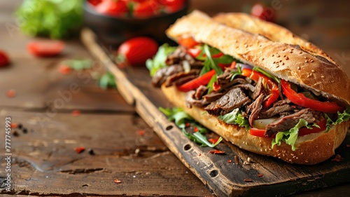 Gourmet steak sandwich with fresh vegetables on rustic wooden board