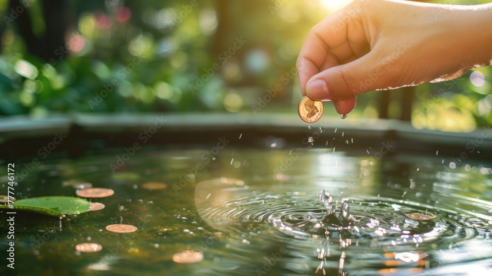 Hand dropping coin into sunlit water fountain with ripples and other coins visible