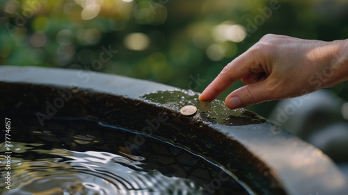 Person s fingertip is touching coin on edge of water fountain s basin surrounded by nature