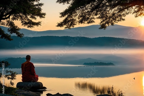 A person meditating on a rock in the middle of a lake at sunrise.