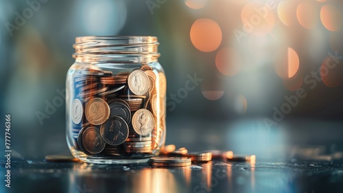 Glass jar filled with coins on reflective surface blurred lights in background