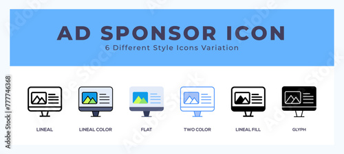 Ad sponsor icon set with different styles. Vector illustration.
