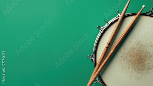 Part of snare drum with drumsticks on top against green background photo