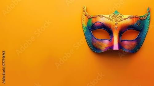 Multicolored carnival mask banner, solid color background with space for text generative ai images
