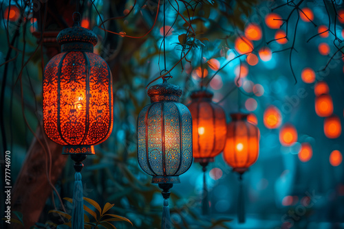 A mesmerizing array of colorful lanterns hanging in a starlit night sky, casting gentle glows onto a serene Eid al Fitr backdrop-2 photo