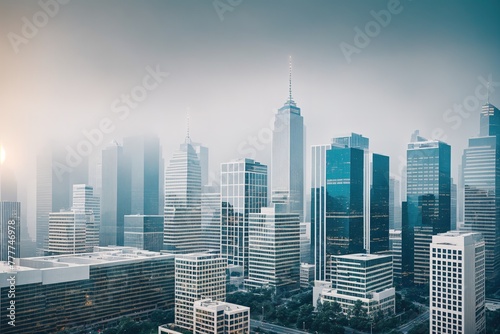 A city skyline with tall buildings and a clear blue sky.