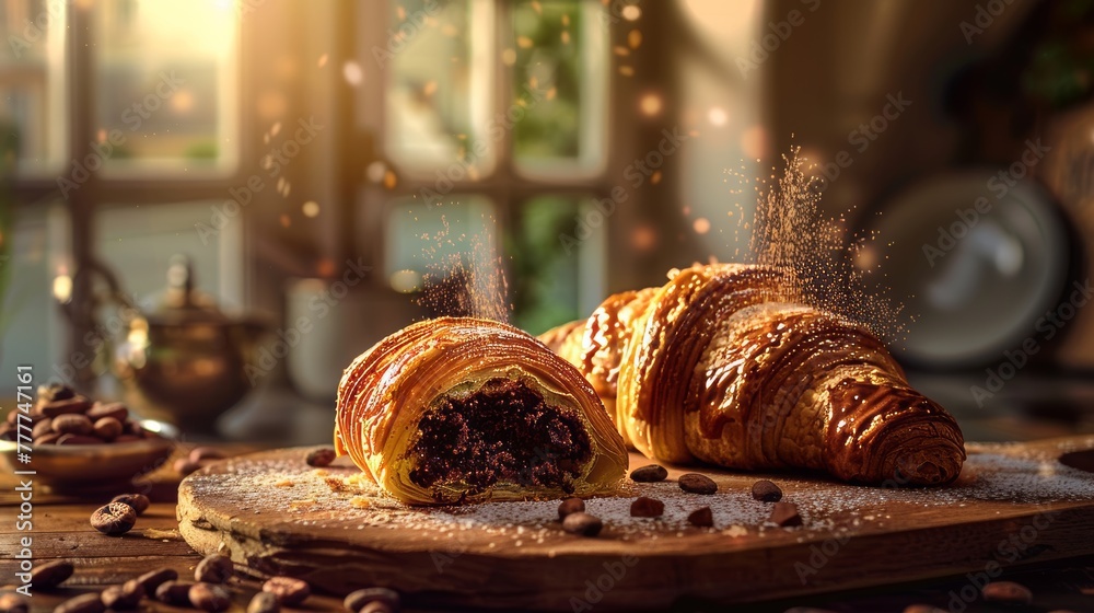 Indulgent Delight: Tempting Chocolate Cascading from Halved Croissant