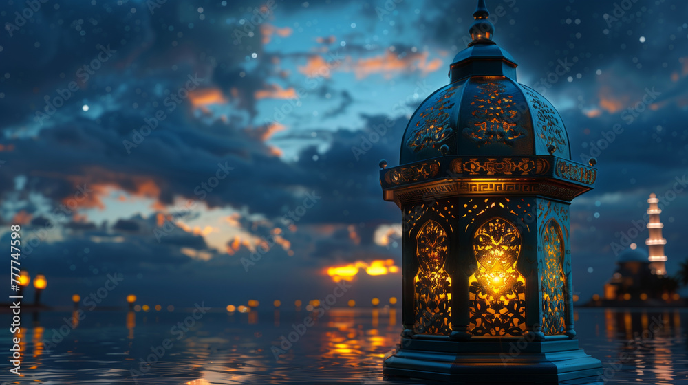 An ornate lantern adorned with intricate Islamic patterns, casting a warm glow against a starry night sky An ornate lantern adorned with intricate Islamic patterns, casting a warm glow against a starry night sky