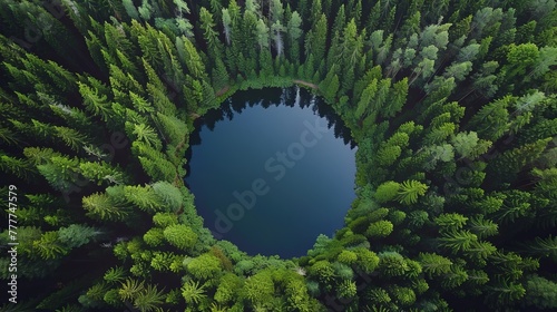 Fototapeta Naklejka Na Ścianę i Meble -  Circular lake from a bird's eye view. Surrounding pine forest evokes earth's image.