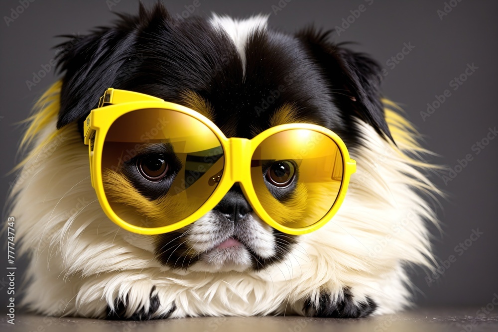 A small dog wearing sunglasses and sitting on a table. A small dog wearing sunglasses and sitting on a table.