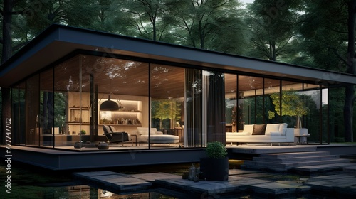 A photo of a Minimal Glass House Capturing Elegance © Xfinity Stock