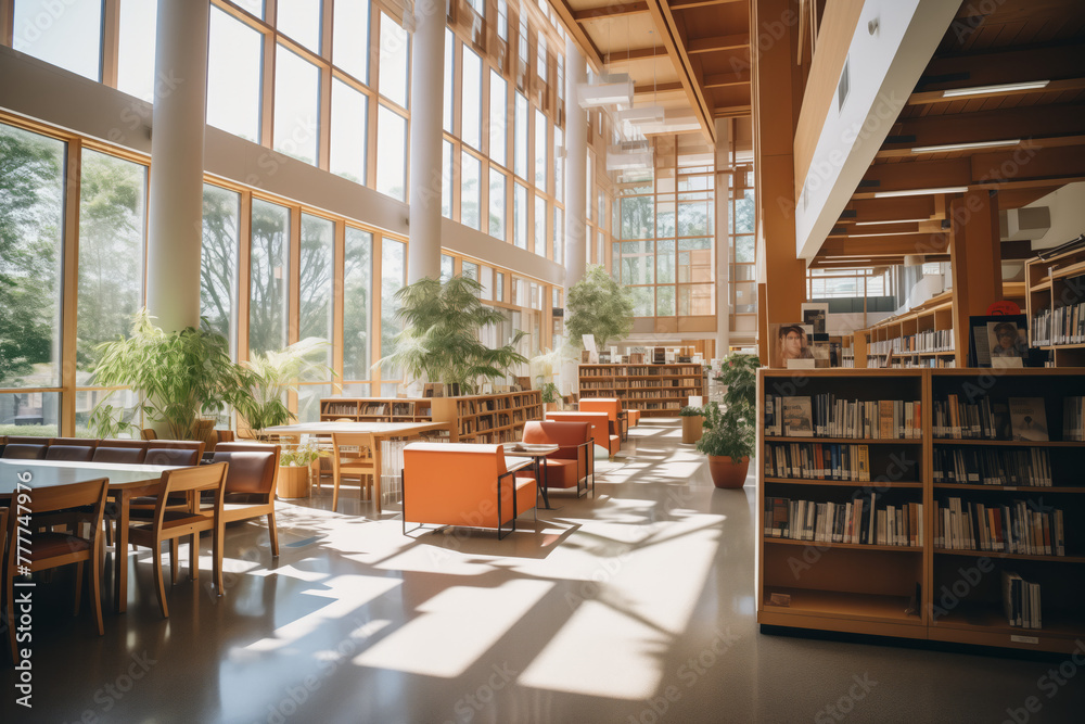 Student library interior with large bright floor-to-ceiling windows, bookshelves and sunlight through the window