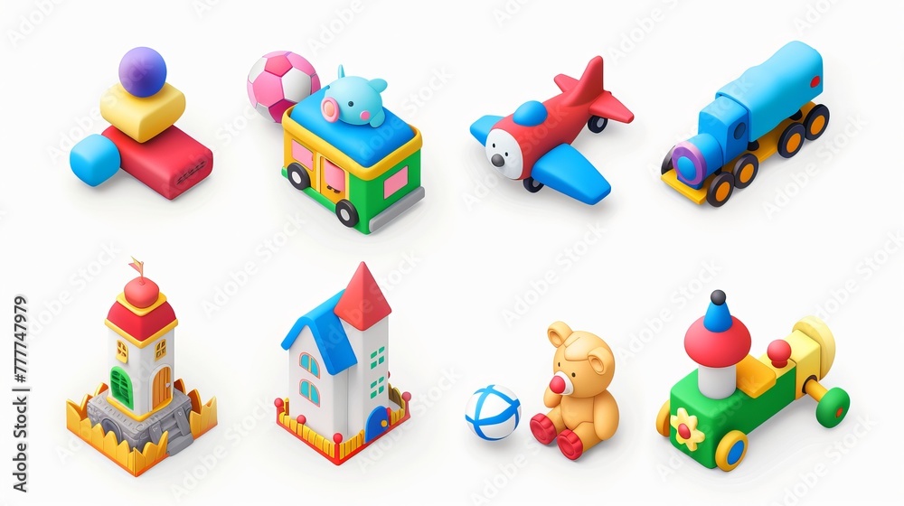 Obraz premium Colorful toy icons for kids, including train, plane, castle, ball, cubes, and teddy bear. Download these 3D vector icons to add a touch of playfulness to your designs.