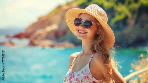 travel summer tourism holiday vacation background, young smiling girl standing on the terrace generative ai images © SazzadurRahaman