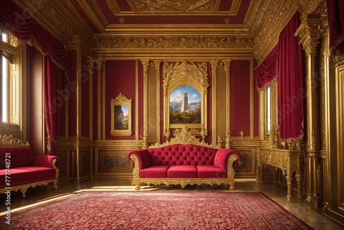 A large, ornate room with red walls, gold accents, and a large chandelier hanging from the ceiling. photo