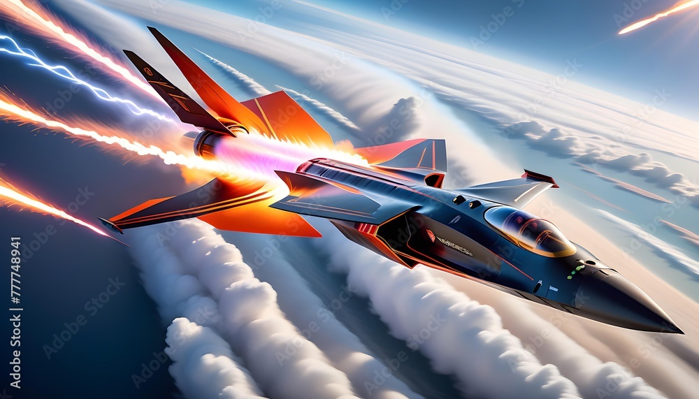 Futuristic fighter jet soaring at high speed through the clouds with dynamic light effects and contrails against a dramatic sky, depicting advanced military technology or sci-fi aerial combat. - obrazy, fototapety, plakaty 