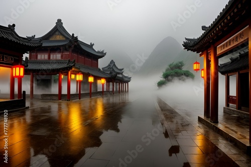 Chinese street with red houses in the fog photo