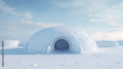 Igloo with warm light from entrance at twilight in a snowy landscape.