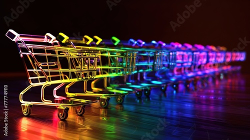 single shopping cart symbols in various glowing colors It is symbolic image related to trading and collecting things, copy space, isolated on solid background