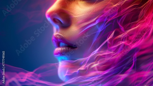 A woman with pink hair and purple smoke coming out of her mouth, AI