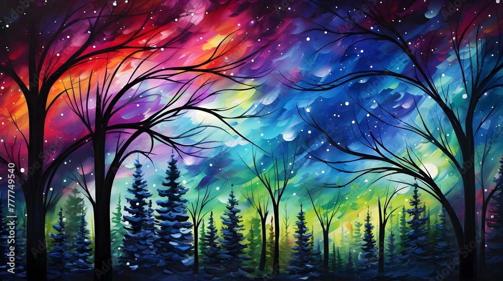 Enchanted Forest Nighttime Colorful Aurora Silhouette Trees Art