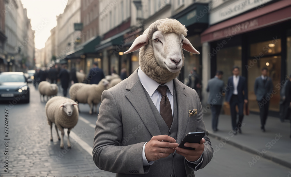Fototapeta premium sheep in suit using mobile phone on city street , detailed, 8k uhd, high quality, film grain, canon, 50mm, dramatic light