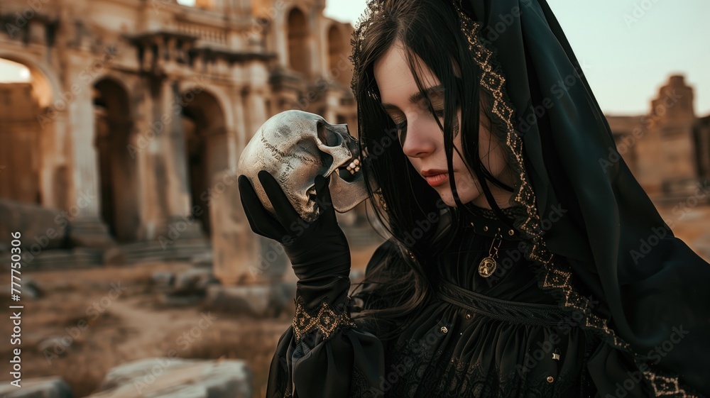 Naklejka premium Woman in dark, ornate robe holds skull, evoking macabre, gothic aesthetic against ruins