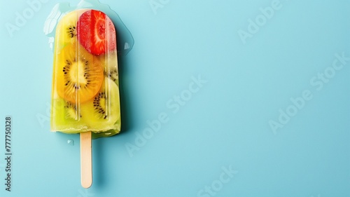 Colorful fruit popsicle with kiwi and strawberry slices against blue background photo
