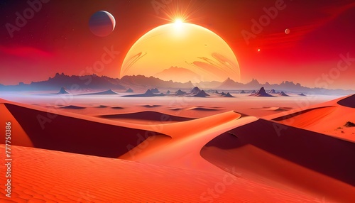 Surreal alien landscape with red sand dunes under a large sun with two moons in the sky, depicting a science fiction or fantasy scene on an extraterrestrial planet. © Vas