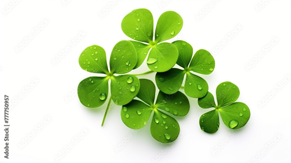 Set of clover leaves with water droplet isolated on white background. Set of clover leaves with water droplet isolated on white background.