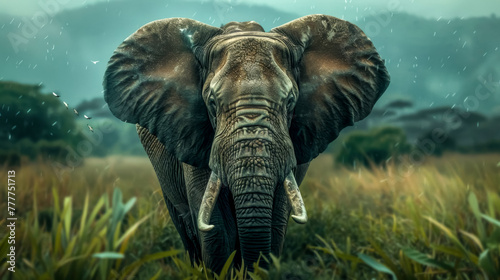 Majestic african elephant in rainy savannah