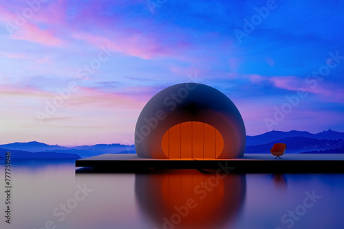 Modern architecture in the middle of a lake at twilight photo