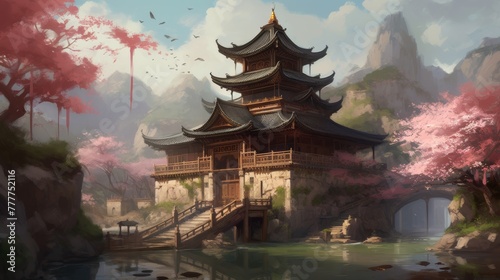 Serene Splendor: Digital Painting of Ancient Chinese Dwellings photo