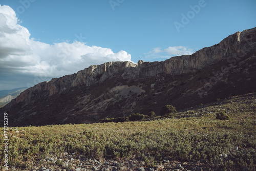 Cerro con montaña de fondo y llanura de plantas © Juan