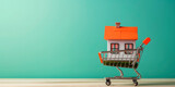 banner,on light green background, a model of a house in a shopping cart,a place for text,the concept of investing in real estate,mortgage on a house,purchase and construction of housing,mortgage loan