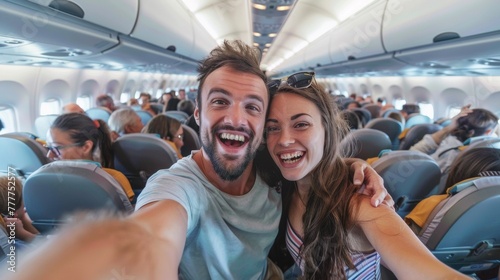 A man and woman taking a selfie on an airplane, AI
