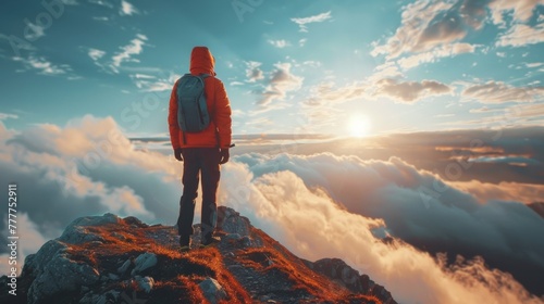 A person standing on top of a mountain looking at the clouds, AI