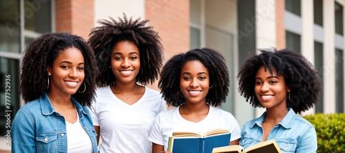 Four young women standing in front of a building, smiling and holding books. photo