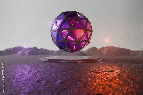 3d Render, Scifi Landscape Futuristic post apocalyptic scenario with abstract alien landscape. Glass object.