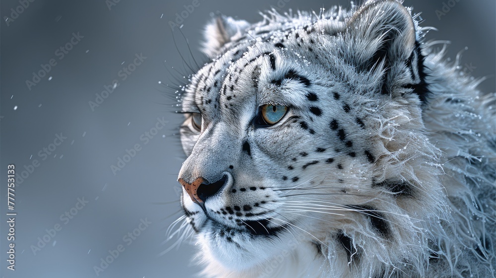 Obraz premium Beautiful portrait of a snow leopard in the snow in winter. Close-up photo of a snow leopard. Big cat. Poster print snow leopard.