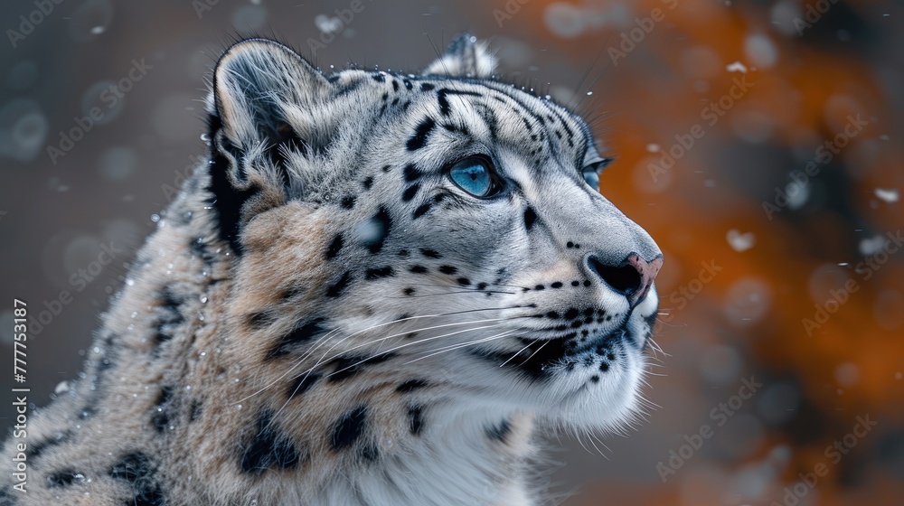 Fototapeta premium Beautiful portrait of a snow leopard in the snow in winter. Close-up photo of a snow leopard. Big cat. Poster print snow leopard.