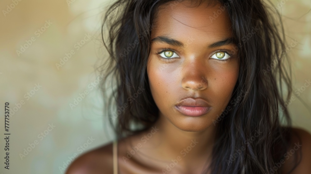 A woman with dark hair and green eyes looking at the camera, AI