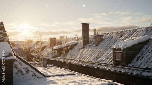 House rooftop with sharp spiked icicles in winter season.