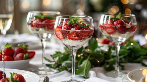 Three wine glasses filled with strawberries and cream on a table, are placed on a table with a white tablecloth and a strawberries. Three Elegant Glasses of Yories Garnished with Fresh Strawberries