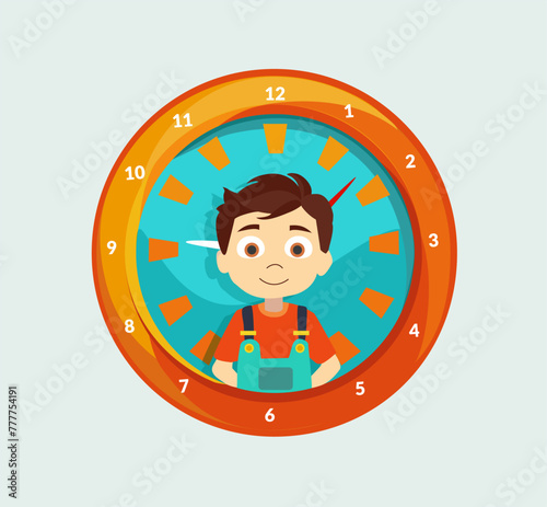 Learning the time. Boy on the face of big orange clock. Concept about child learning how to read analog time.